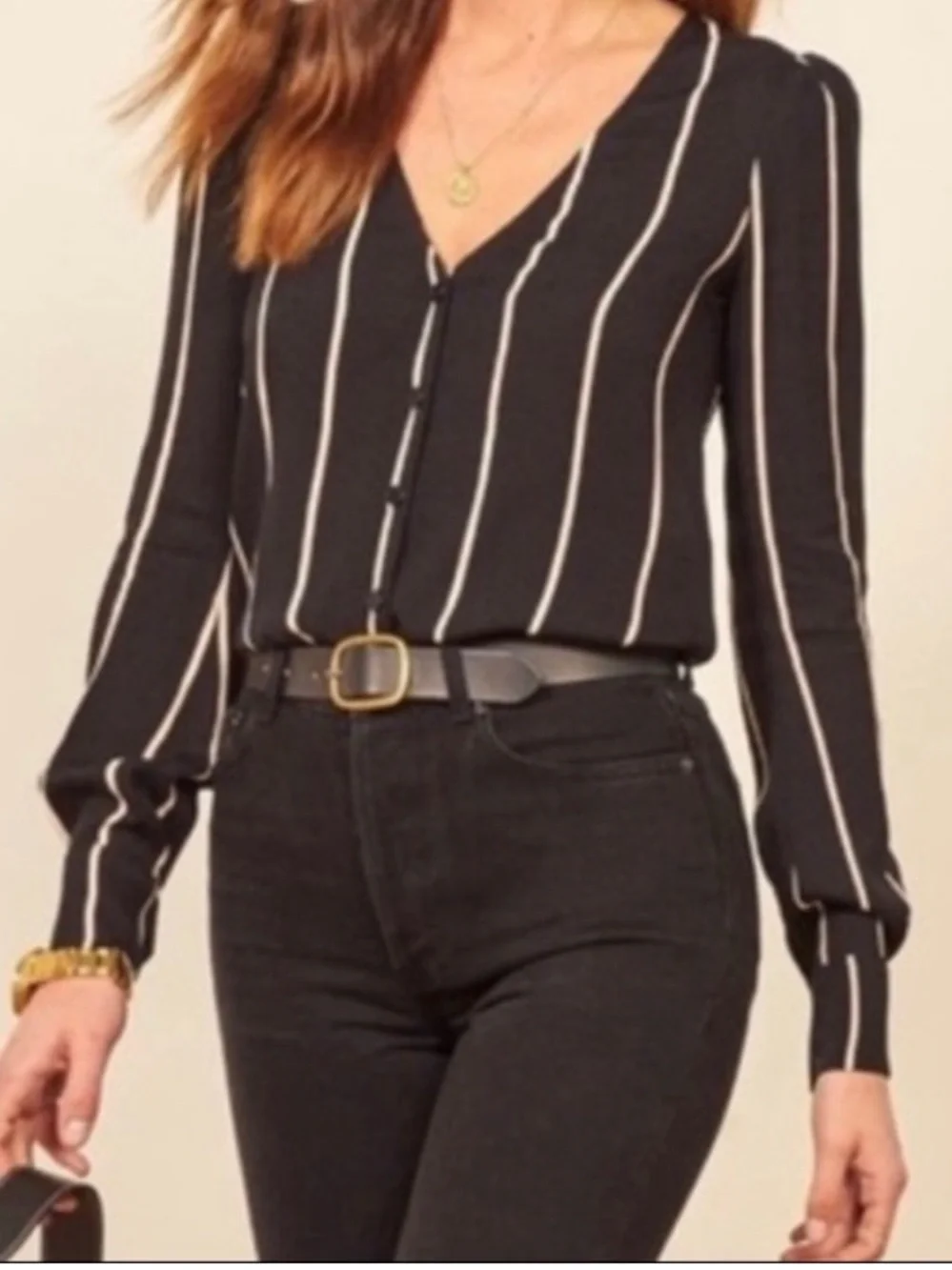 Reformation Annaliese Top NWT Size Large Black White Vertical Striped Blouse